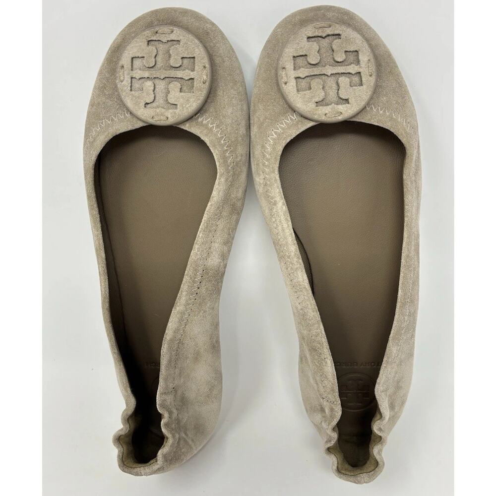Tory Burch Minnie Suede Leather Travel Ballet Flat Taupe Brown Size 6 New Flaw
